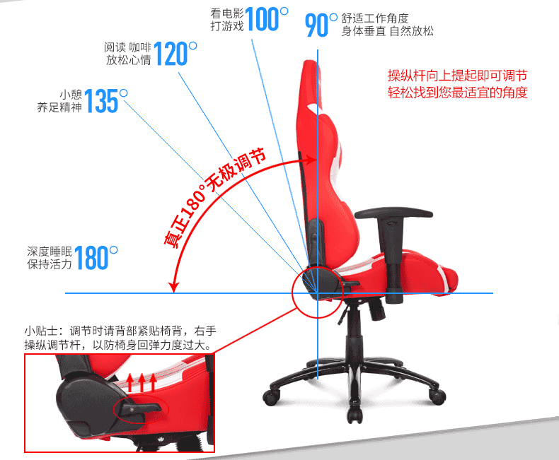 夢達鋼架網(wǎng)吧椅180度后仰，多角度可調(diào)節(jié)